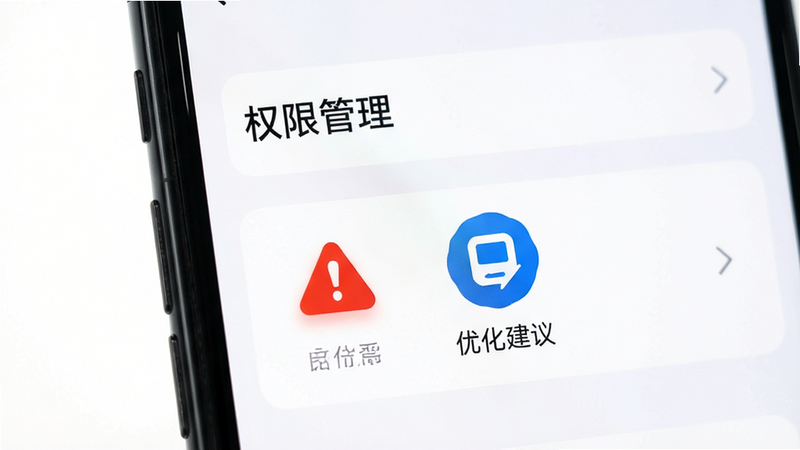 主体是一个手机设置界面,显示“权限管理”选项,下方有一个红色的警告图标和蓝色的优化建议图标,布局清晰,排版UI风格,细节展现图标的高亮效果,画质清晰,干净,无多余元素
