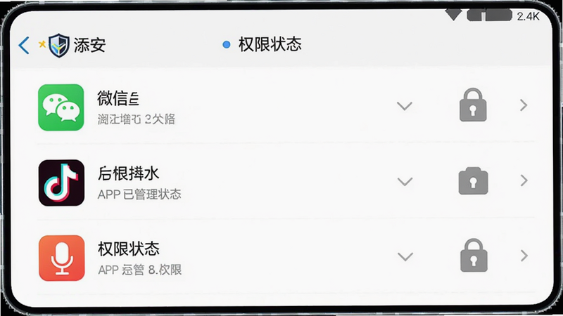 �ֻ�����ʾ��ͼ����ʾ����������Ȩ�޹���ҳ�棬�б�����չʾ΢�š�������APP��Ȩ��״̬����˷硢���ͼ�걻��ɫ��ס����ʾ�ѹرգ���������ɫ��UI��Ʊ�ƽ��������������������ʾ��������Ʒ�Ʊ�ʶ���������룬�޶���װ�Σ�4k����