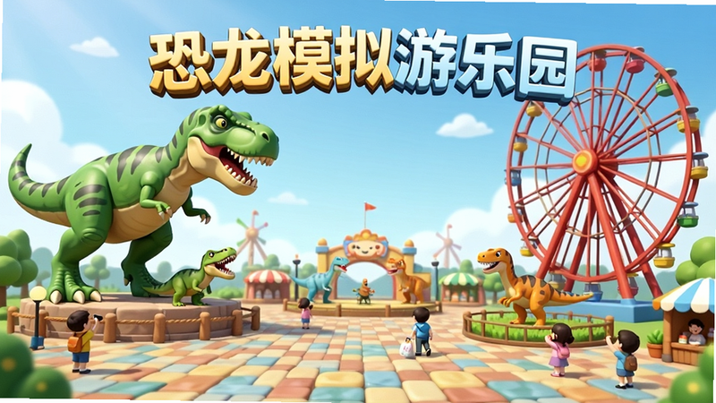 主体为卡通风格的恐龙主题公园全景,布局包含左侧巨大的绿色霸王龙雕塑和右侧高耸的红色摩天轮,前景是铺满彩色地砖的广场,排版上采用中心对称构图,风格为明亮的日系动漫渲染,细节处有游客在观看恐龙表演,文字“恐龙模拟游乐园”以醒目的立体字体悬浮在顶部,画质高清,光影柔和,干净无杂乱元素