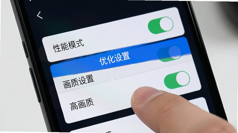 主体为手机屏幕显示游戏设置界面,布局聚焦于“性能模式”和“画质设置”选项,排版清晰展示开关按钮,风格为现代简约UI,细节显示手指正在点击“高画质”选项,文字“优化设置”以蓝色高亮显示,画质清晰,界面整洁,无广告干扰