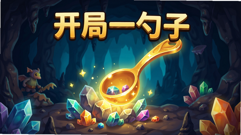 一张展示手机游戏《开局一勺子》核心玩法的高清海报,主体是一把金色的魔法勺子正在挖掘发光的矿石,背景是深邃的地下洞穴,布局居中,排版简洁,风格为明亮卡通风,细节丰富,画质4K,干净无多余元素,文字包含