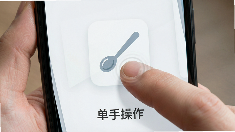 展示手机单手操作界面的特写图,主体为一只手指点击屏幕上的勺子图标,布局聚焦于屏幕下半部分,排版清晰,风格为现代扁平化UI,细节显示手指按压效果,画质高清,干净无多余元素,文字包含