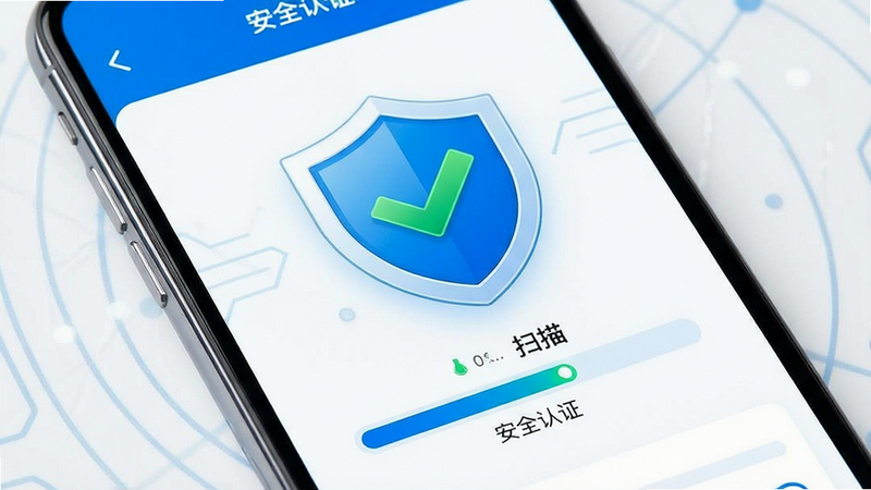 展示手机安全扫描界面的概念图,主体为盾牌图标与绿色对勾,布局居中,排版体现安全感,风格为科技蓝白配色,细节显示扫描进度条,画质高清,干净无多余元素,文字包含