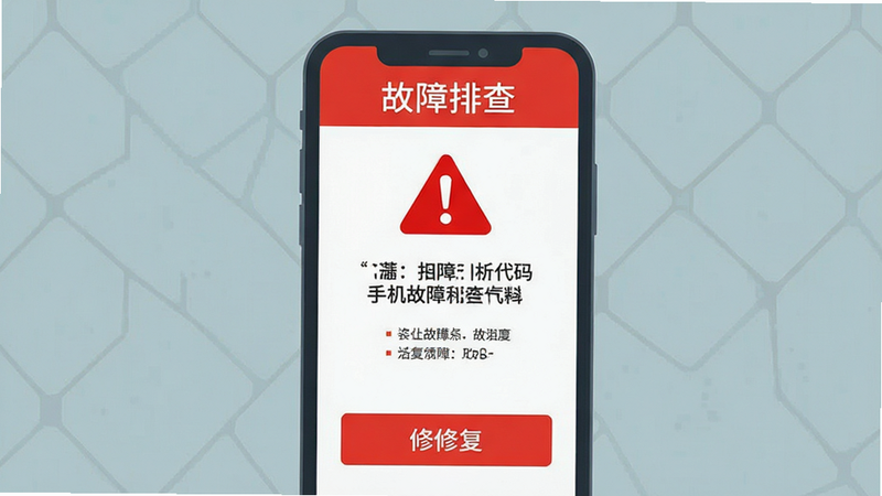 展示手机故障排查界面的示意图,主体为手机屏幕显示错误代码与修复按钮,布局简洁,排版突出警示图标,风格为扁平化设计,细节显示红色警告标志,画质清晰,干净无多余元素,文字包含