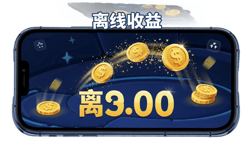 展示手机离线挂机界面的概念图,主体为手机屏幕显示金币自动跳动的动画,布局平衡,排版突出收益数字,风格为科技感与卡通结合,细节显示金币粒子效果,画质清晰,干净无多余元素,文字包含