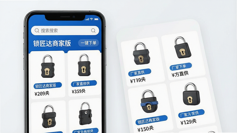 一张高清手机应用界面设计图,主体为“锁匠达商家版”安卓APP首页,布局采用顶部搜索栏加下方网格状商品卡片,风格为现代简约商务风,细节展示清晰的锁具产品图片与价格标签,文字标签包括“锁匠达商家版”、“一键下单”、“厂家直供”,画质高清,干净无多余元素,色彩以品牌蓝和白色为主,光线柔和,体现专业与效率
