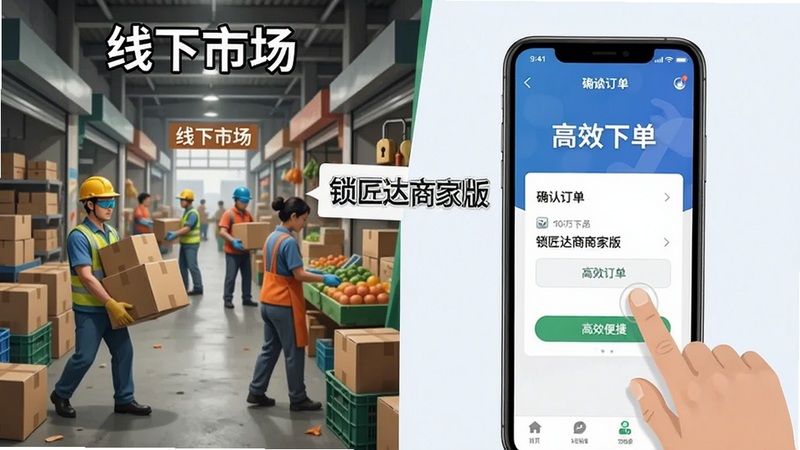 一张对比概念图,主体左侧为传统线下批发市场嘈杂场景,右侧为“锁匠达商家版”APP手机端便捷下单场景,布局左右分割对比,风格写实与扁平化结合,细节展示左侧搬运工忙碌、右侧手指点击屏幕确认订单,文字标签包括“线下市场”、“锁匠达商家版”、“高效便捷”,画质清晰,对比强烈,突出线上优势,无杂乱背景