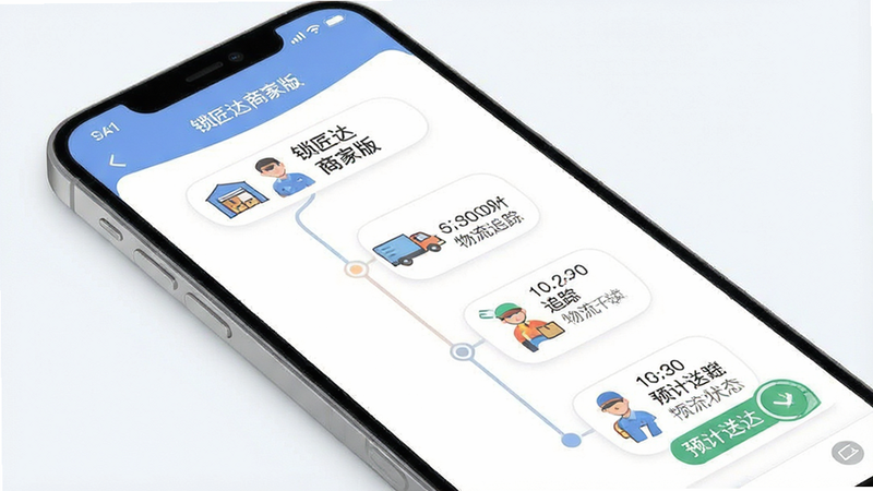 一张移动端物流追踪界面设计图,主体为“锁匠达商家版”APP内的订单物流详情,布局采用时间轴形式,风格清晰直观,细节展示多个物流节点图标(如仓库、卡车、快递员)、时间戳与状态文字,文字标签包括“锁匠达商家版”、“物流追踪”、“预计送达”,画质清晰,线条流畅,色彩柔和,体现安全感与便捷性