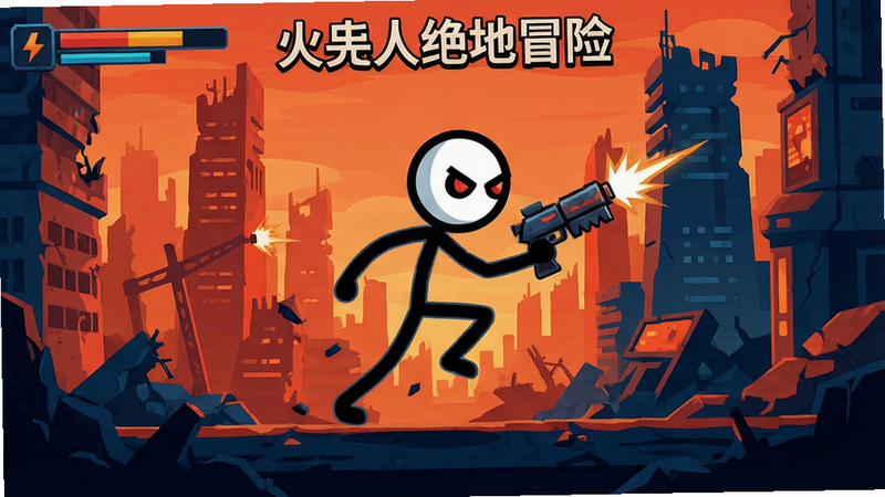 主体为一张横版动作游戏界面,中央是一个动态姿态的火柴人角色手持武器,背景是充满科技感的废墟城市,色调以橙红与深蓝为主,画面清晰,无多余文字,8k高清,干净背景,细节丰富,展现