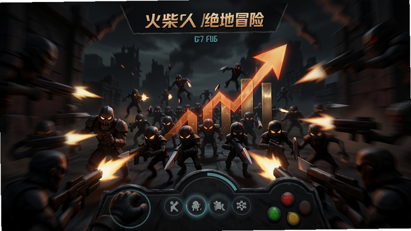 主体为游戏HUD界面显示分数不断上升,背景是密密麻麻的敌人涌来,画面充满紧迫感,色调偏暗,突出紧张氛围,体现