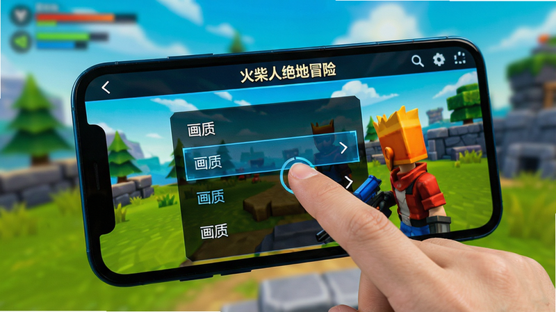 主体为手机屏幕显示游戏设置界面,手指正在点击“画质”选项,背景为模糊的游戏场景,突出操作细节,色彩明亮,清晰度高,展现