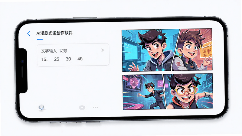 主体为手机界面展示AI漫剧光速创作软件核心功能,布局清晰呈现文字输入框与右侧生成的动态漫画分镜预览,排版简洁现代,风格科技感强,细节显示角色线条流畅且色彩鲜艳,画质高清干净无多余元素