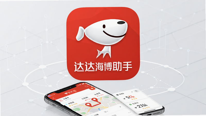 画面中心展示一款名为“达达海博助手”的安卓应用图标,图标设计简洁现代,主色调为京东红与白色,背景为浅灰色科技感网格。图标下方悬浮着手机界面预览,显示订单列表地图轨迹和收益数字。整体风格扁平化,高清,无多余装饰元素,突出专业与高效。