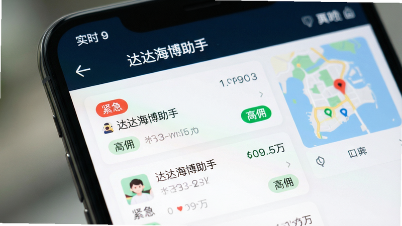 手机屏幕特写,显示“达达海博助手”App的订单大厅界面。顶部显示实时时间,中部为列表式订单卡片,红色高亮显示“紧急”标签,绿色显示“高佣”标签。界面右侧有简单的地图小视窗。背景虚化,聚焦屏幕内容,清晰展示文字排版,风格干净利落。