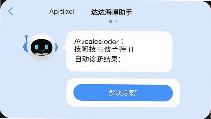 展示“达达海博助手”App内的客服对话界面,机器人头像简洁,对话框显示自动诊断结果和解决方案按钮。背景为浅蓝色,营造轻松、专业的客服氛围。文字清晰可读,突出技术支持的即时性与专业性。