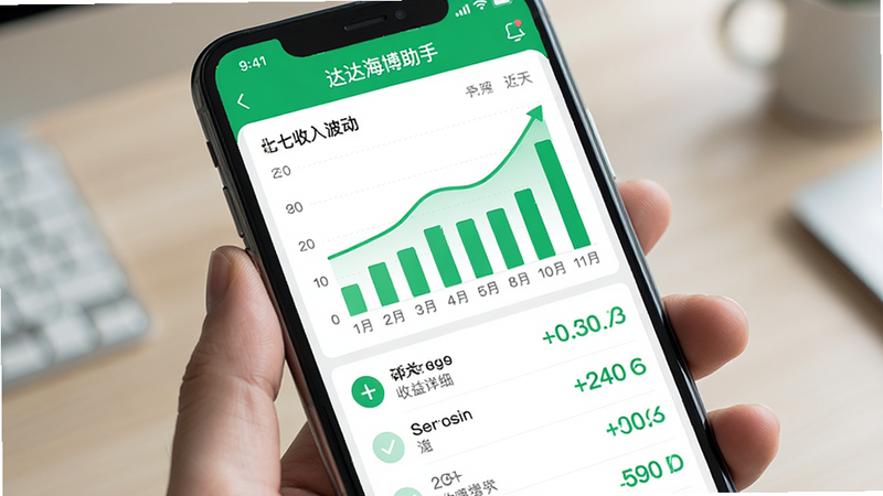 手机屏幕显示“达达海博助手”的收益统计页面,柱状图展示近七天的收入波动,曲线平滑上升。下方列出具体订单的收益明细,数字醒目。界面设计简洁,使用绿色代表收益增长,整体给人一种稳定、可信赖的感觉。