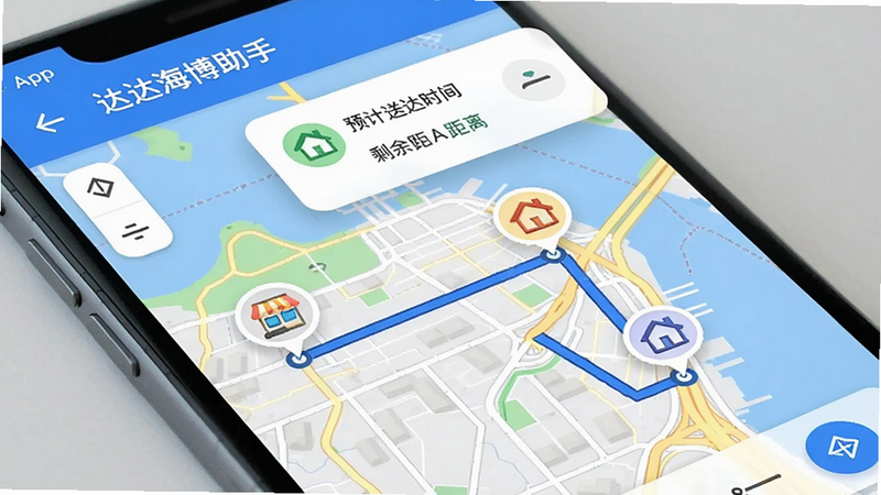 展示“达达海博助手”App内的地图导航界面,蓝色线路清晰标注在城市地图上,起点为商家图标,终点为多个用户房屋图标。地图上方悬浮卡片显示预计送达时间和剩余距离。画面明亮,色彩对比鲜明,突出导航的准确性与易用性。