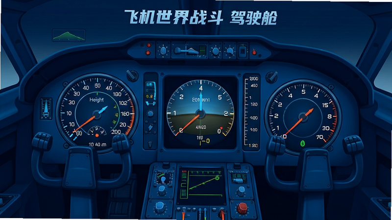 一张科技感十足的UI界面设计图,展示飞机仪表盘的各种参数,包括速度表、高度计、转速表,背景是深蓝色的驾驶舱内部,布局整齐,排版清晰,风格科幻,细节精致,画质高清,干净,无多余元素,文字'飞机世界战斗 驾驶舱'