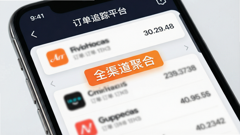 主体为手机屏幕特写,显示“订单追踪平台”的聚合订单列表,布局为上下滚动列表,排版紧凑有序,风格为科技感UI设计,细节包含不同平台的Logo图标(模糊处理)和订单号,文字“全渠道聚合”高亮显示,画质清晰,干净,无多余元素