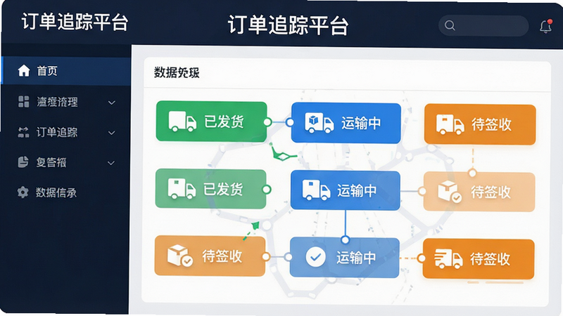 主体为一张展示“订单追踪平台”核心界面的高清概念图,布局采用左侧导航栏加右侧数据看板结构,排版整洁现代,风格为扁平化商务风,细节包含多个物流状态图标(如“已发货”、“运输中”、“待签收”)以绿色、蓝色、橙色区分,画质8k,干净,无多余元素,文字“订单追踪平台”清晰可见于顶部标题栏
