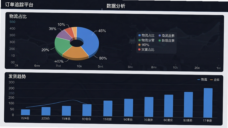 主体为“订单追踪平台”的数据分析页面,布局为仪表盘风格,排版分为上下两部分,上部为饼状图展示物流占比,下部为柱状图展示发货趋势,风格为极简商务风,细节包含坐标轴和图例,文字“数据分析”位于顶部,画质高清,干净,无多余元素