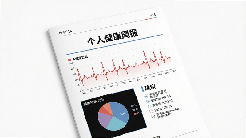 一份精美的电子健康报告封面,主体为A4纸张大小的报告预览图,上面有心率折线图、睡眠饼图和建议列表,布局严谨专业,排版美观,风格商务简约,细节处有页码和标题,画质高清,背景纯白,无多余装饰,文字清晰显示“个人健康周报”