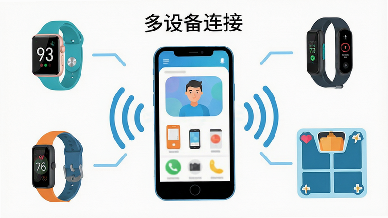 展示多种健康设备(智能手表、手环、体脂秤)通过无线信号连接至手机APP的示意图,主体为手机居中,周围环绕各种设备图标,布局平衡对称,风格为扁平化插画,颜色明亮活泼,细节精致,画质清晰,无杂乱背景,文字标注“多设备连接”