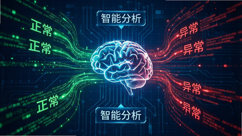 描绘AI算法分析健康数据的过程,主体为一个抽象的大脑图标与数据流交织,背景为深蓝色科技网格,数据流呈现绿色正常与红色异常两种状态,布局呈放射状,风格现代科技感强,细节丰富,画质高清,无多余元素,文字标签标注“智能分析”