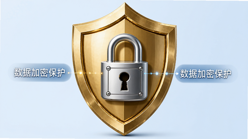 一个盾牌图标保护着数据锁的示意图,主体为金色盾牌与银色数据锁,布局中心对称,风格商务安全,细节精致,画质高清,背景淡蓝,无多余元素,文字标注“数据加密保护”