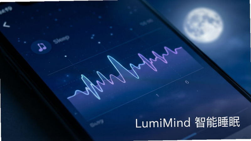 一张极具科技感的手机屏幕特写,主体是 LumiMind 应用界面,背景为深蓝色夜空与柔和的月光光晕。界面中央显示着动态的睡眠波形图,配色采用静谧的蓝紫色调,布局简洁现代。画面右下角有一行清晰的白色文字“LumiMind 智能睡眠”,字体优雅。整体风格极简主义,高清摄影质感,无多余杂项,光线柔和聚焦于屏幕,突出专业与宁静氛围
