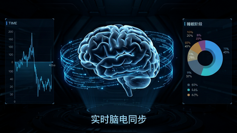 展示 LumiMind 数据可视化界面的概念图,主体为一个悬浮的 3D 大脑模型,周围环绕着发光的蓝色数据流线条。背景为深色科技感空间,布局左右对称,左侧显示时间轴,右侧显示睡眠阶段百分比饼图。画面下方有一行小字“实时脑电同步”,字体清晰。风格为未来主义科技风,高对比度,细节丰富,画质超清,无杂乱背景,突出数据的流动感与科技感