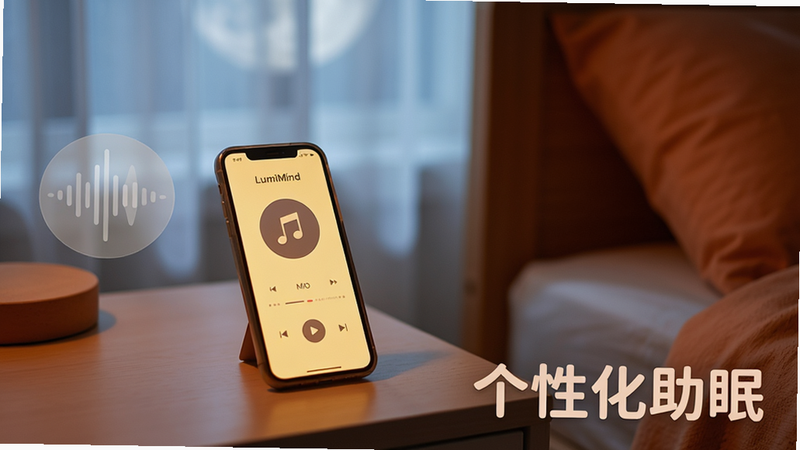 一个温馨的卧室场景,床头柜上放着一部手机,屏幕发出柔和的暖黄光,显示着 LumiMind 的音频控制界面。背景是模糊的窗帘透进的月光,营造出极致的静谧感。画面左侧有一个半透明的声波图标,表示正在播放音乐。布局平衡,主体突出,风格温馨治愈,色调以暖橙与淡蓝为主。画面右下角标注“个性化助眠”,字体圆润柔和。高清摄影风格,景深效果明显,无多余物品,强调舒适与安宁