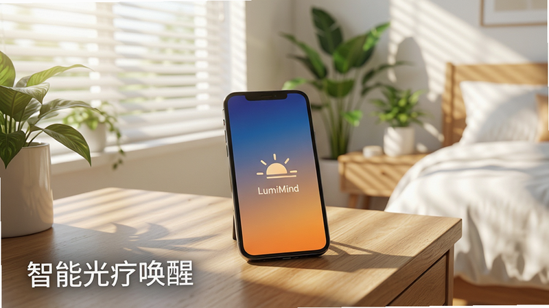 清晨的阳光透过百叶窗洒在木质桌面上,一部手机屏幕正缓缓亮起,显示着 LumiMind 的日出唤醒界面,屏幕色调从深蓝渐变为暖橙。背景是明亮的卧室一角,绿植点缀其间,充满生机。画面中央有一个太阳升起的图标,设计简约。布局开阔,光线明亮自然,风格清新明快。画面左下角有文字“智能光疗唤醒”,字体清晰。高清写实风格,光影效果逼真,无阴影杂乱,突出自然与健康的主题