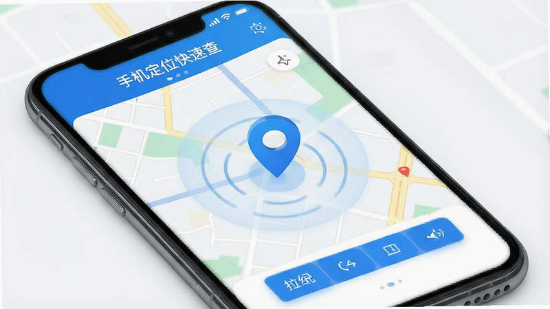 一张展示'手机定位快速查'软件界面的高质量UI设计图。主体为手机屏幕,显示地图界面,中心有一个醒目的蓝色定位图标,周围有细微的雷达波纹效果。布局简洁,顶部有软件名称'手机定位快速查',底部有操作按钮。风格现代扁平化,色彩以科技蓝和白色为主,细节清晰,4k画质,干净无多余元素。