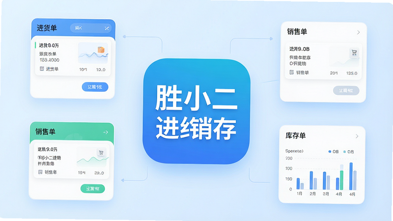 一张高清现代风格的软件界面概念图,主体是“胜小二进销存”的App图标位于中心,周围环绕着简化的进货单、销售单和库存图表UI元素,背景为干净的浅蓝色渐变,布局中心对称,排版整洁,细节清晰,画质8k,无多余装饰文字,干净简约风格