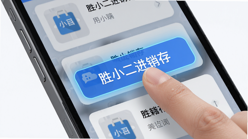 展示手机屏幕上快速点击商品列表的交互示意图,手指正在点击带有“胜小二进销存”字样的按钮,界面元素扁平化设计,高亮显示选中状态,布局紧凑,风格现代科技感,细节丰富,高清渲染,无杂乱背景