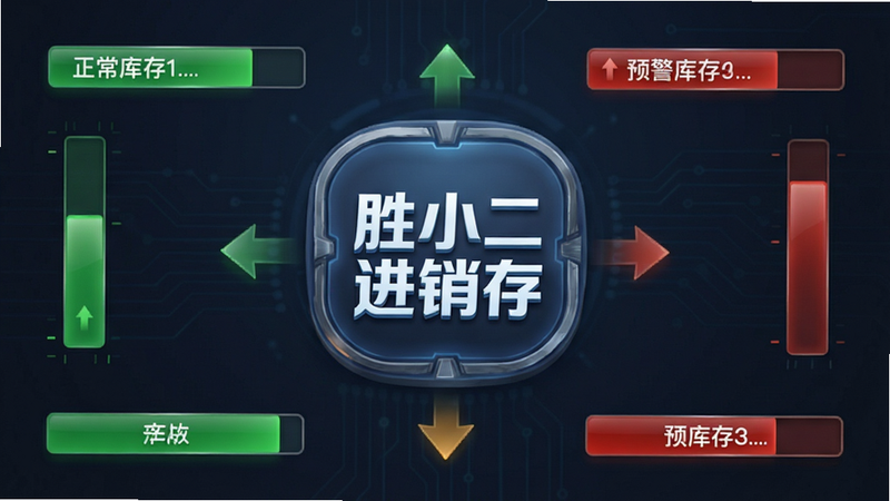 一个仪表盘风格的库存监控界面,中心显示“胜小二进销存”Logo,周围有绿色正常库存条和红色预警库存条,配有简单的箭头指示流向,布局清晰,风格商务科技,细节逼真,高质量插画,干净背景