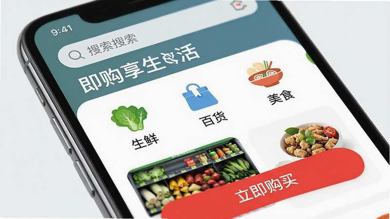 ����Ϊ�ֻ���Ļ��д����ʾ�����������APP��ҳ���棬�������࣬����Ϊ���������·�չʾ����ͼ���硰���ʡ������ٻ���������ʳ�����Ű��������򣬷���Լ�ִ���ϸ�ڰ���������ƷͼƬ����Ŀ�ĺ�ɫ���������򡱰�ť�����ʸ��壬�ɾ����޶���Ԫ��