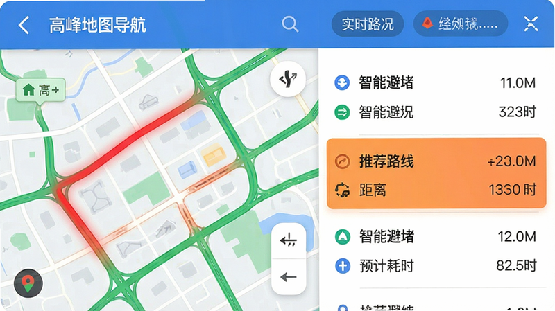 主体为“高峰地图导航”的路径规划界面特写,布局分为左右两栏,左侧为地图视图,用红色渐变线条标示拥堵路段,绿色线条标示畅通路段,右侧为路线对比列表,高亮显示推荐路线,风格简约直观,细节包含路况图标、距离数据和预计耗时,画质清晰,干净,无多余装饰,文字标注“智能避堵”和“实时路况”