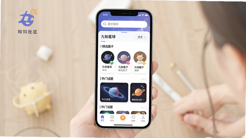九知星球APP界面全景展示,主体为手机屏幕显示的知识社区首页,布局清晰,顶部为搜索栏,中部为精选圈子列表卡片,底部为导航栏,排版整洁有序,风格现代简约,细节处体现科技感与温馨感并存,文字内容包含“九知星球”、“精选圈子”、“热门话题”,画质高清,干净无多余元素
