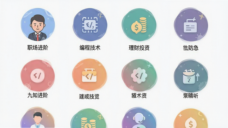 九知星球圈子列表界面预览,主体为多个垂直排列的圆形图标代表不同圈子,如“职场进阶”、“编程技术”、“理财投资”等,布局呈瀑布流结构,风格扁平化设计,色彩柔和且区分度高,细节展示圈子头像与名称,文字清晰可读,画质细腻,干净无杂乱背景