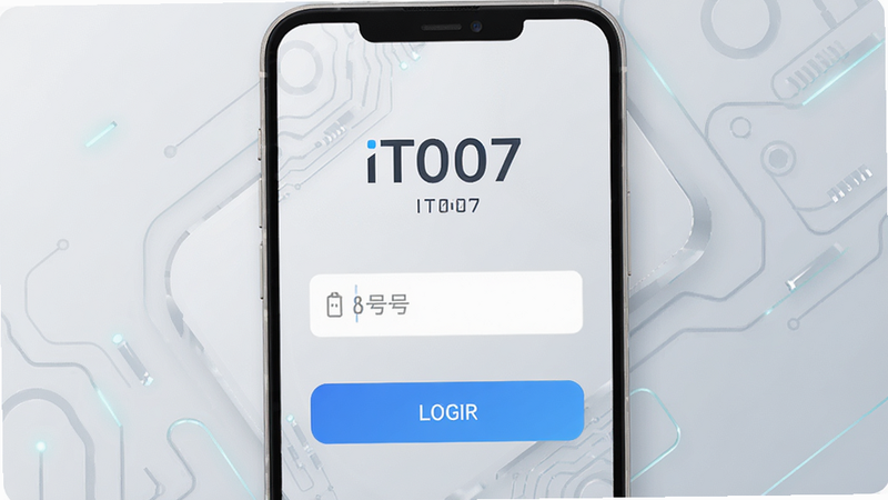 ����ΪIT007��׿APP��¼���棬����������࣬������ʾƷ��Logo���м�Ϊ�ֻ�����������¼��ť������Ϊǳ��ɫ�Ƽ��н��䣬����ִ���ƽ��ϸ�ڴ���ϸ΢�ĿƼ����������ʸ��壬�ɾ����޶���Ԫ�أ�����'IT007'�����ɼ�