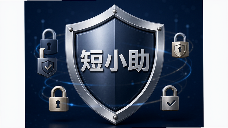 画面主体为一个盾牌图标,中间印有“短小助”字样,盾牌周围环绕着锁和安全认证符号。背景为深蓝色,象征安全与信任。盾牌表面有金属光泽,细节精致,传达出坚固、可靠的安全感。整体构图中心突出,风格庄重而现代,无多余文字或图案,画质高保真。