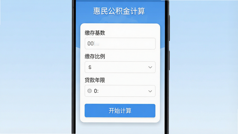 主体为“惠民公积金计算”安卓应用界面展示图,布局采用扁平化设计,顶部显示应用名称“惠民公积金计算”,中部为白色卡片式输入区域,包含“缴存基数”、“缴存比例”、“贷款年限”等清晰标签,底部为蓝色“开始计算”按钮,背景为浅蓝色渐变,风格简洁现代,细节处有柔和阴影,画质高清,干净,无多余元素