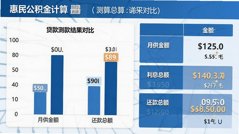 主体为“惠民公积金计算”贷款测算结果页,布局左侧为柱状图对比两种还款方式,右侧为详细数据列表,显示“月供金额”、“利息总额”、“还款总额”等关键指标,配色以商务蓝和白色为主,风格专业严谨,细节处有数据高亮效果,画质清晰,干净,无多余元素