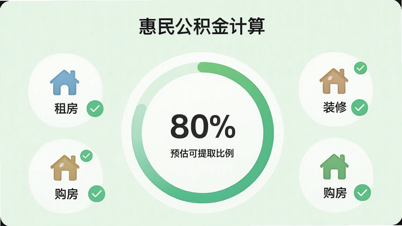 主体为“惠民公积金计算”提取预估界面,布局中心为一个圆环进度条显示预估可提取比例,周围环绕着“租房”、“装修”、“购房”三个图标按钮,背景为淡绿色,风格清新友好,细节处有对勾图标表示符合规定,画质细腻,干净,无多余元素