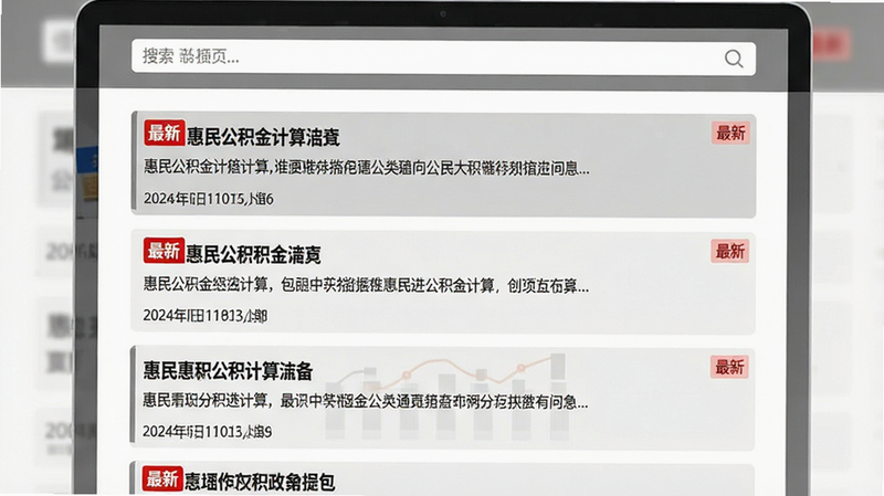 主体为“惠民公积金计算”政策新闻列表页,布局为垂直列表,每条新闻包含标题、摘要和发布日期,顶部有搜索框,风格简洁明了,配色为灰白相间,细节处有红色的“最新”标签,画质清晰,干净,无多余元素