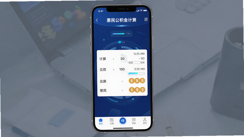 主体为手机屏幕显示“惠民公积金计算”应用运行界面,布局为竖屏,底部有导航栏,中间显示计算过程动画,风格科技感强,配色为深蓝与白色,细节处有加载进度条,画质高清,干净,无多余元素