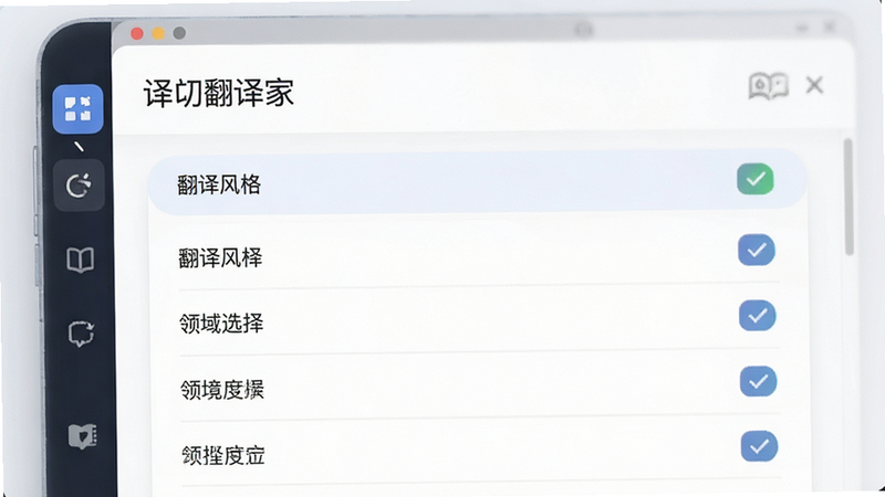 主体为译劭翻译家设置界面,布局为列表式菜单,包含“翻译风格”、“领域选择”等选项,风格简洁现代,细节显示勾选状态,画质清晰,无多余装饰
