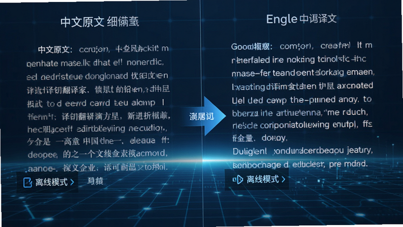 主体为译劭翻译家功能演示图,布局为分屏对比,左侧显示中文原文,右侧显示英文译文,中间有箭头连接,背景为淡蓝色科技感网格,风格清晰直观,细节包含“离线模式”图标,画质高,无水印